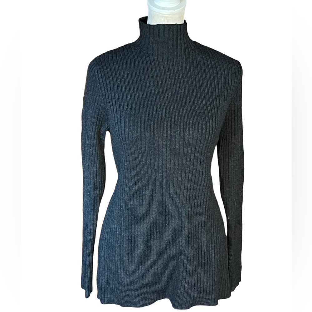 EILEEN FISHER DARK GREY MERINO WOOL RIBBED MOCK TURTLENECK SWEATER GREAT COND XS